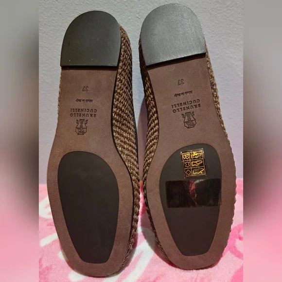 Women's Brunello Cucinelli Brown Leather Trimmed Raffia Slippers, Size 37 - Picture 9 of 10